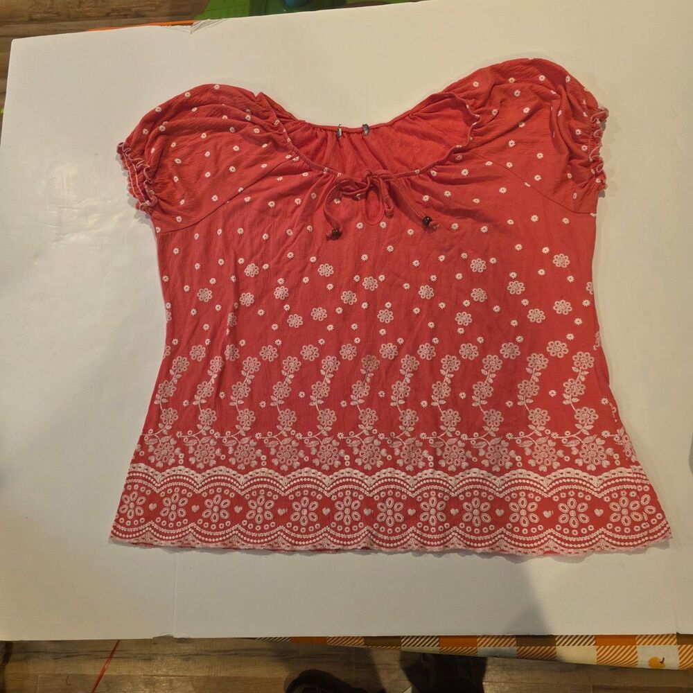 Coral Embroidered Peasant Top 2XL Floral Boho Ruffle Sleeve Cottagecore
